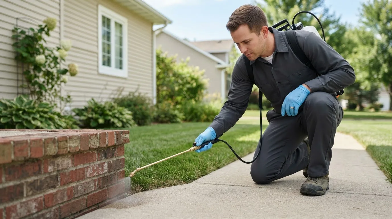 Pest control technician treating a home near Marble Hill, MO